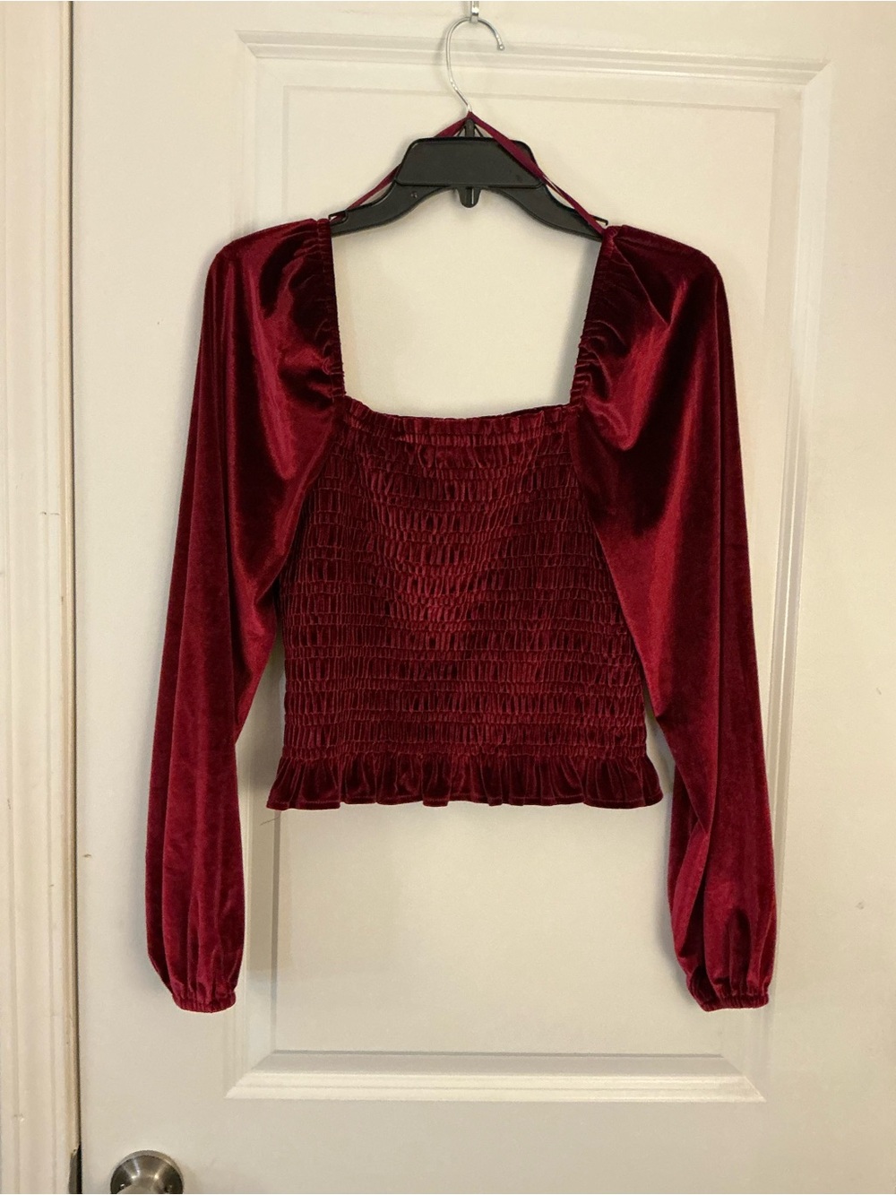 Bagatelle Burgundy Velvet Smocked Square Neck Crop Blouse M